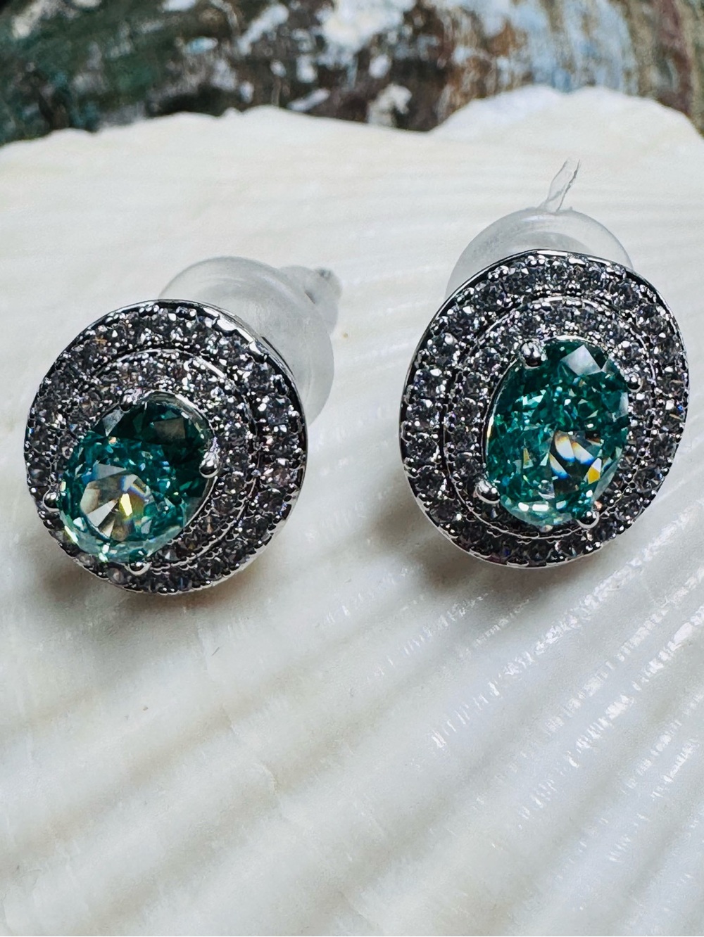 Silver Teal Halo Stud Earrings